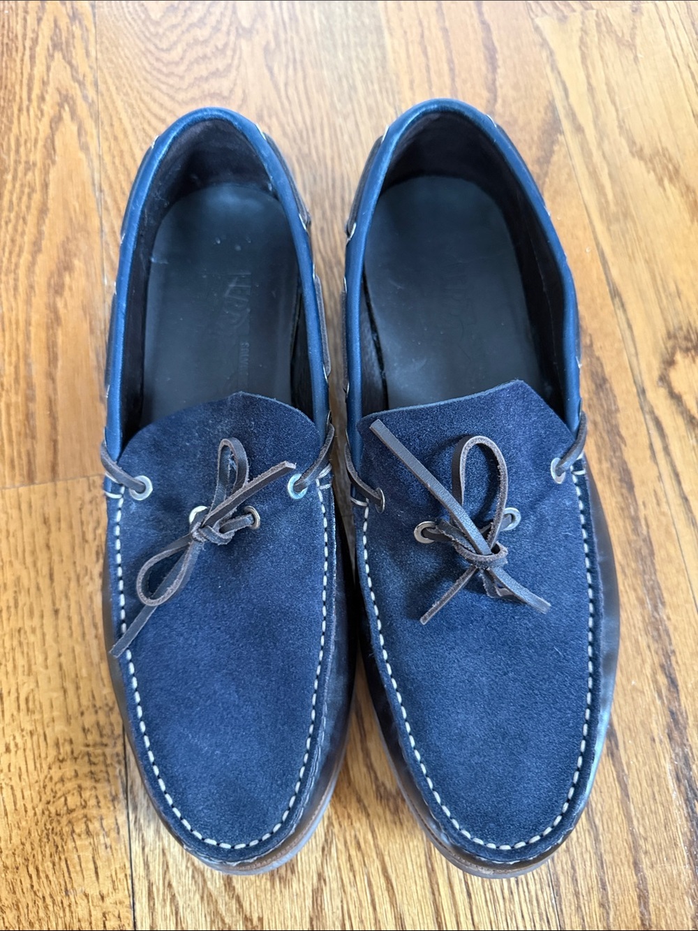 SALVATORE FERRAEGAMO Men's Suede Boat Shoes in Navy with Leather Laces